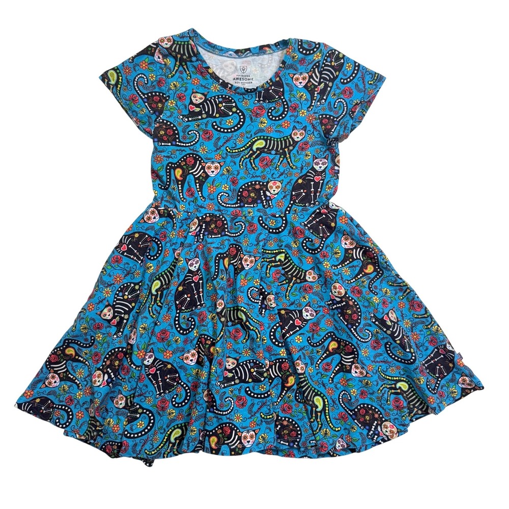 Princess Awesome Dress 8 Blue Sugar Skull Cat Twirl Skater Pockets Short Sleeve